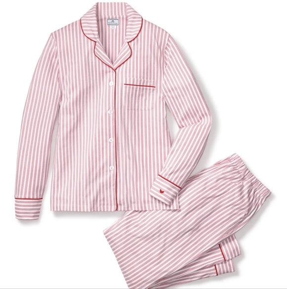 Petite Plume Pima Pajama Set In Antique Red Size Large Striped Embroidered EUC - Picture 5 of 16